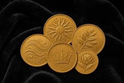 Assorted collectible gold coins on black velvet