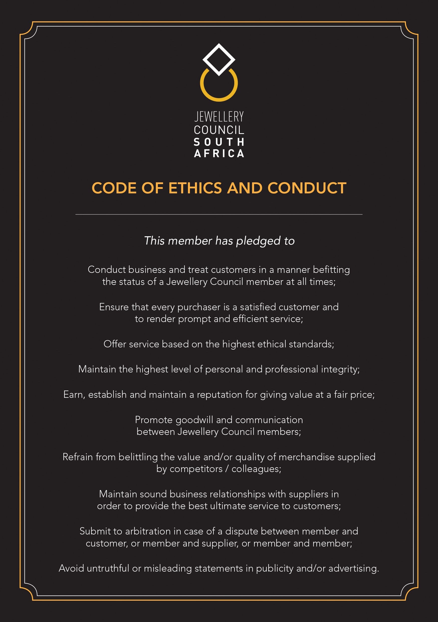 Jewellery Council of South Africa Code of Ethics